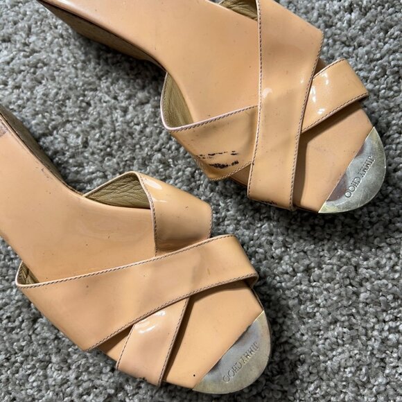 Jimmy Choo Womens 41 Nude Patent Leather Criss-Cross Wedge Slide Sandals - Picture 4 of 11